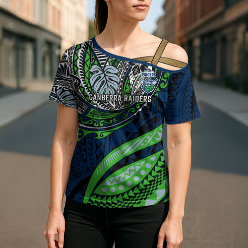 Personalised Canberra Raiders Cross Shoulder Shirt Polynesian Tribal Art Style With Viking Raider Mascot