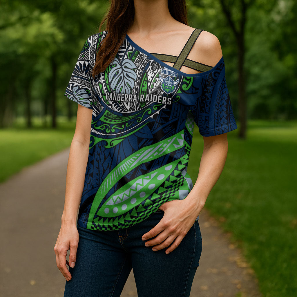 Personalised Canberra Raiders Cross Shoulder Shirt Polynesian Tribal Art Style With Viking Raider Mascot