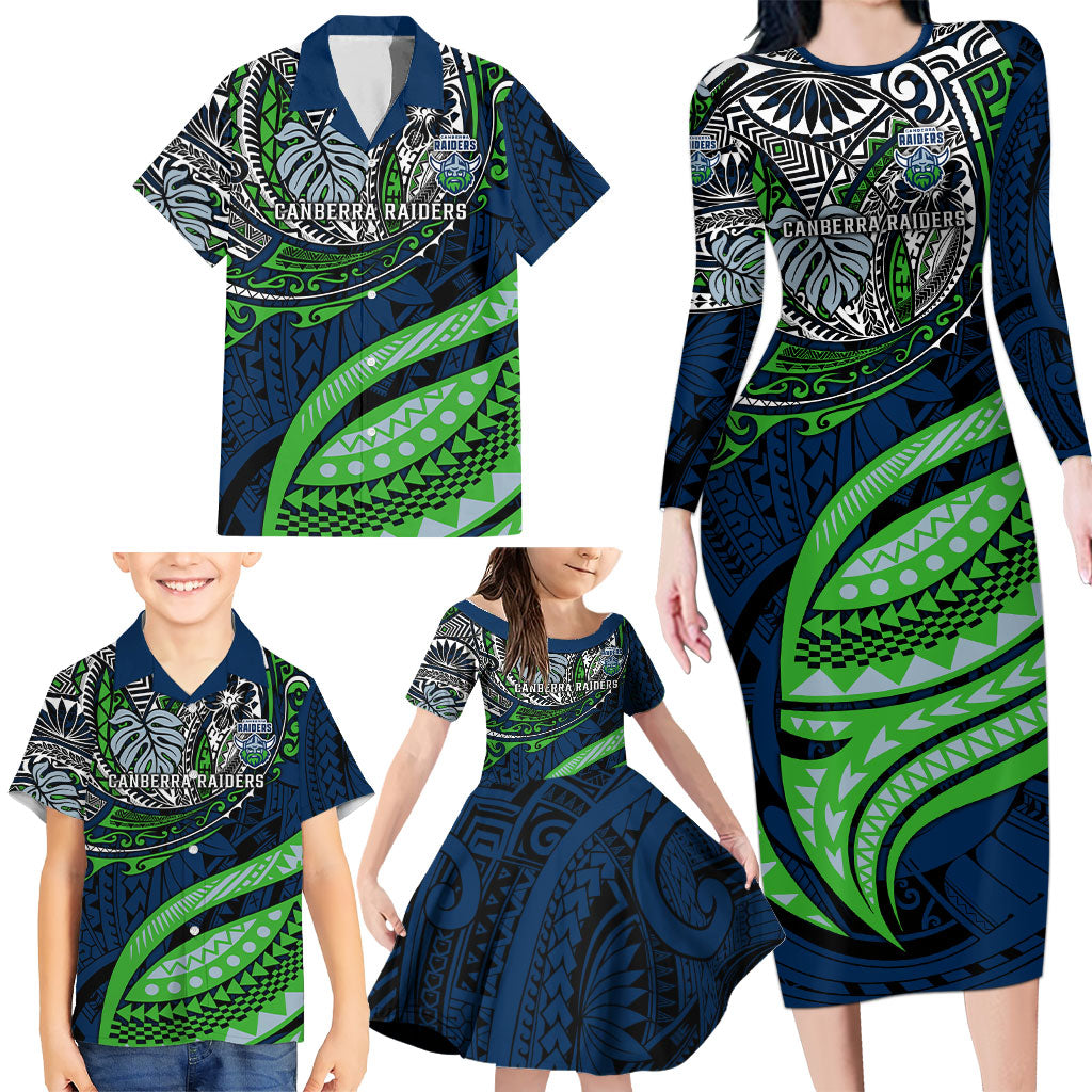 Personalised Canberra Raiders Family Matching Long Sleeve Bodycon Dress and Hawaiian Shirt Polynesian Tribal Art Style With Viking Raider Mascot