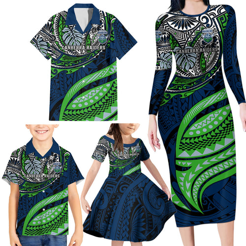 Personalised Canberra Raiders Family Matching Long Sleeve Bodycon Dress and Hawaiian Shirt Polynesian Tribal Art Style With Viking Raider Mascot
