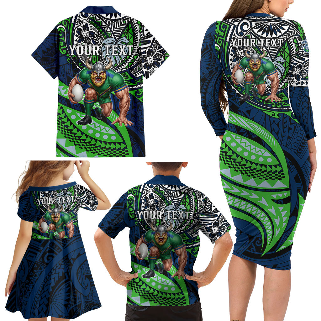 Personalised Canberra Raiders Family Matching Long Sleeve Bodycon Dress and Hawaiian Shirt Polynesian Tribal Art Style With Viking Raider Mascot