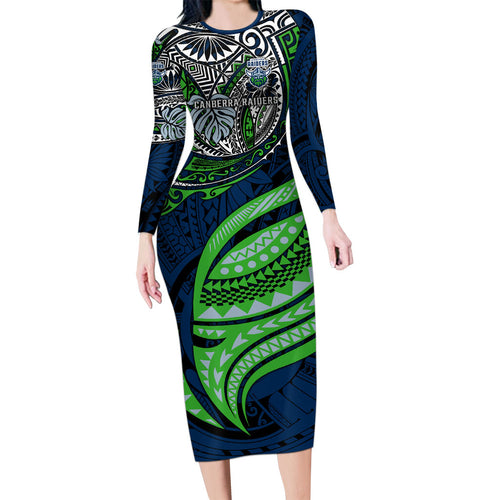 Personalised Canberra Raiders Family Matching Long Sleeve Bodycon Dress and Hawaiian Shirt Polynesian Tribal Art Style With Viking Raider Mascot