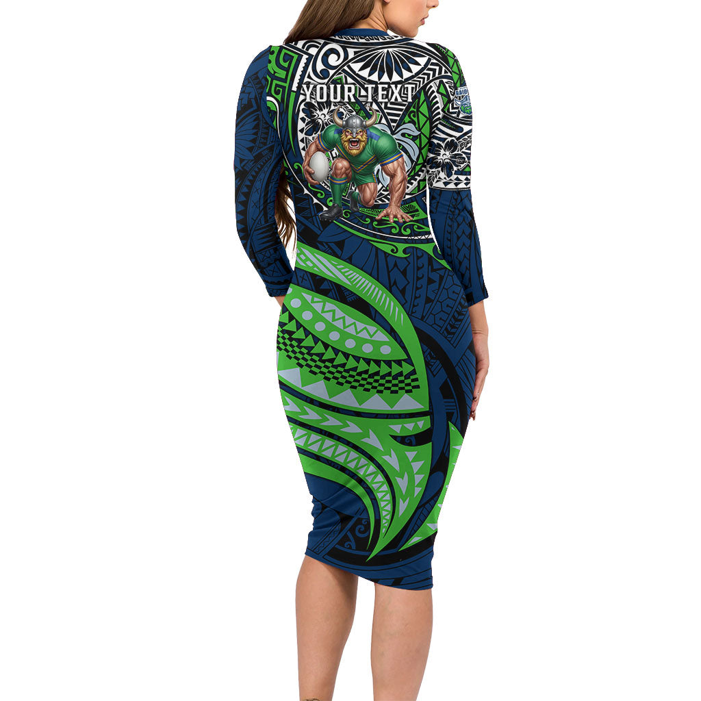 Personalised Canberra Raiders Family Matching Long Sleeve Bodycon Dress and Hawaiian Shirt Polynesian Tribal Art Style With Viking Raider Mascot