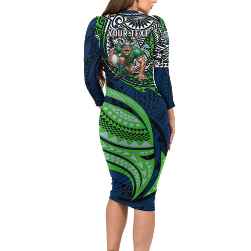 Personalised Canberra Raiders Family Matching Long Sleeve Bodycon Dress and Hawaiian Shirt Polynesian Tribal Art Style With Viking Raider Mascot