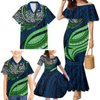 Personalised Canberra Raiders Family Matching Mermaid Dress and Hawaiian Shirt Polynesian Tribal Art Style With Viking Raider Mascot