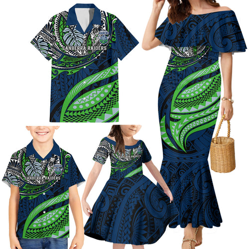 Personalised Canberra Raiders Family Matching Mermaid Dress and Hawaiian Shirt Polynesian Tribal Art Style With Viking Raider Mascot