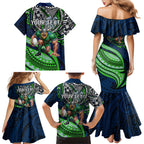 Personalised Canberra Raiders Family Matching Mermaid Dress and Hawaiian Shirt Polynesian Tribal Art Style With Viking Raider Mascot