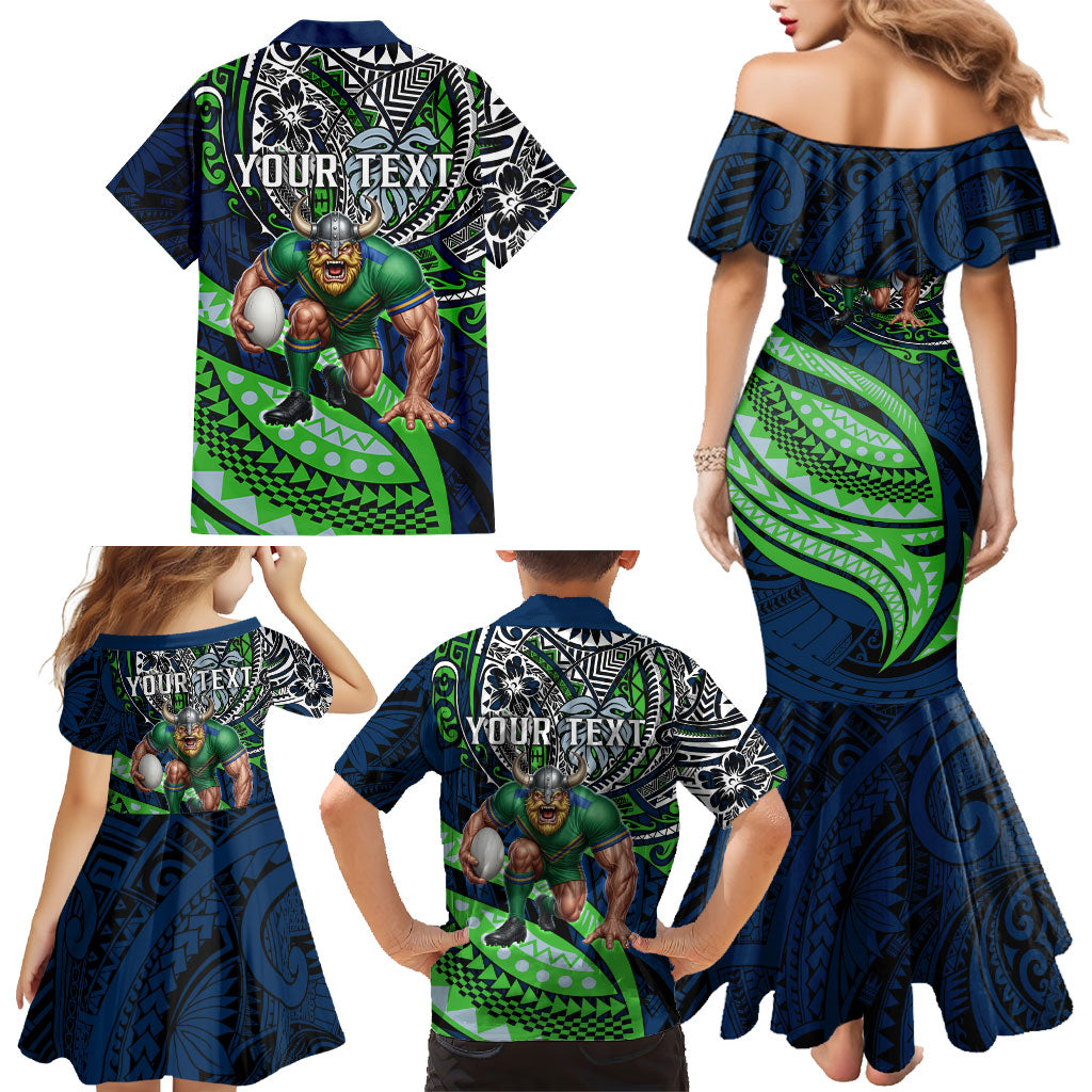 Personalised Canberra Raiders Family Matching Mermaid Dress and Hawaiian Shirt Polynesian Tribal Art Style With Viking Raider Mascot
