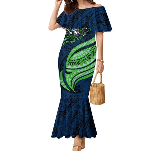 Personalised Canberra Raiders Family Matching Mermaid Dress and Hawaiian Shirt Polynesian Tribal Art Style With Viking Raider Mascot