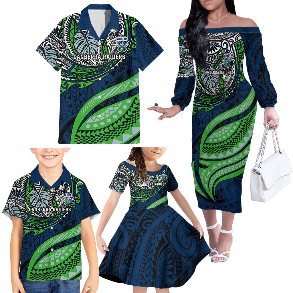 Personalised Canberra Raiders Family Matching Off The Shoulder Long Sleeve Dress and Hawaiian Shirt Polynesian Tribal Art Style With Viking Raider Mascot