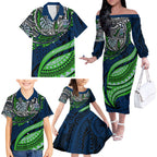 Personalised Canberra Raiders Family Matching Off The Shoulder Long Sleeve Dress and Hawaiian Shirt Polynesian Tribal Art Style With Viking Raider Mascot