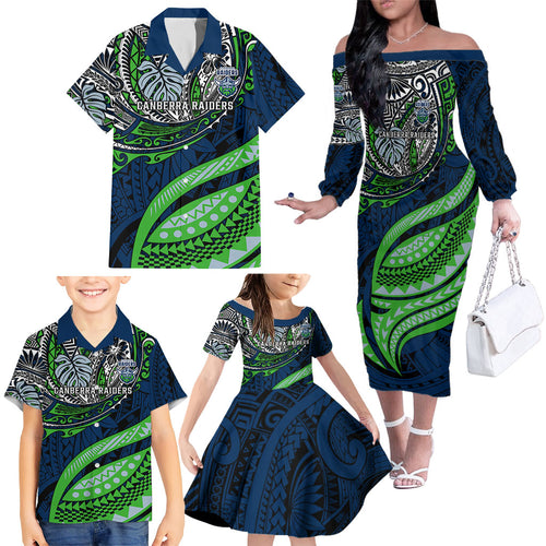 Personalised Canberra Raiders Family Matching Off The Shoulder Long Sleeve Dress and Hawaiian Shirt Polynesian Tribal Art Style With Viking Raider Mascot
