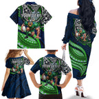 Personalised Canberra Raiders Family Matching Off The Shoulder Long Sleeve Dress and Hawaiian Shirt Polynesian Tribal Art Style With Viking Raider Mascot