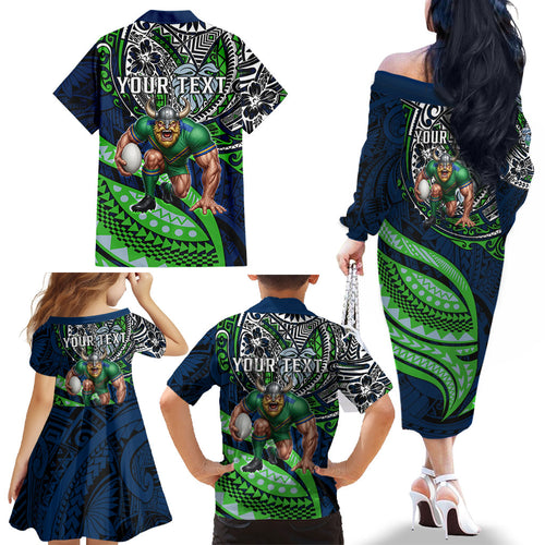 Personalised Canberra Raiders Family Matching Off The Shoulder Long Sleeve Dress and Hawaiian Shirt Polynesian Tribal Art Style With Viking Raider Mascot