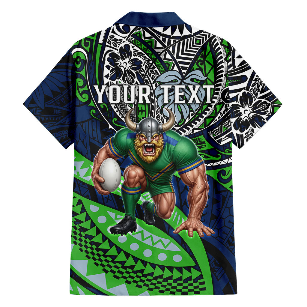 Personalised Canberra Raiders Family Matching Off The Shoulder Long Sleeve Dress and Hawaiian Shirt Polynesian Tribal Art Style With Viking Raider Mascot