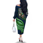 Personalised Canberra Raiders Family Matching Off The Shoulder Long Sleeve Dress and Hawaiian Shirt Polynesian Tribal Art Style With Viking Raider Mascot