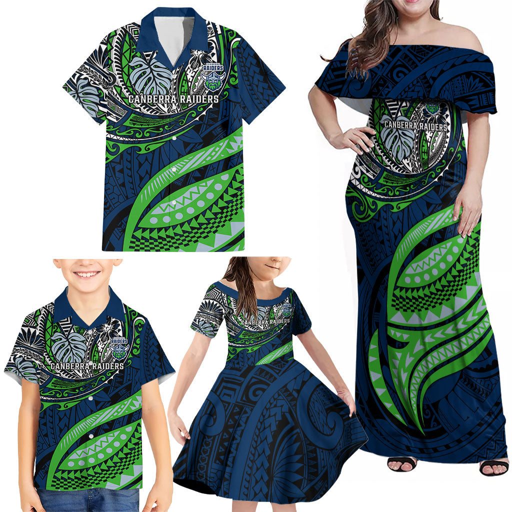Personalised Canberra Raiders Family Matching Off Shoulder Maxi Dress and Hawaiian Shirt Polynesian Tribal Art Style With Viking Raider Mascot