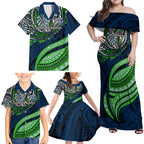 Personalised Canberra Raiders Family Matching Off Shoulder Maxi Dress and Hawaiian Shirt Polynesian Tribal Art Style With Viking Raider Mascot