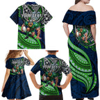 Personalised Canberra Raiders Family Matching Off Shoulder Maxi Dress and Hawaiian Shirt Polynesian Tribal Art Style With Viking Raider Mascot