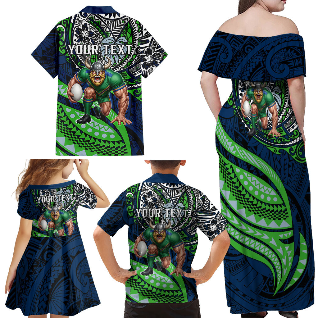 Personalised Canberra Raiders Family Matching Off Shoulder Maxi Dress and Hawaiian Shirt Polynesian Tribal Art Style With Viking Raider Mascot