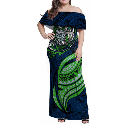 Personalised Canberra Raiders Family Matching Off Shoulder Maxi Dress and Hawaiian Shirt Polynesian Tribal Art Style With Viking Raider Mascot