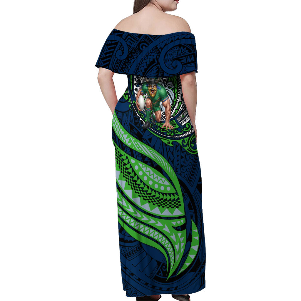 Personalised Canberra Raiders Family Matching Off Shoulder Maxi Dress and Hawaiian Shirt Polynesian Tribal Art Style With Viking Raider Mascot