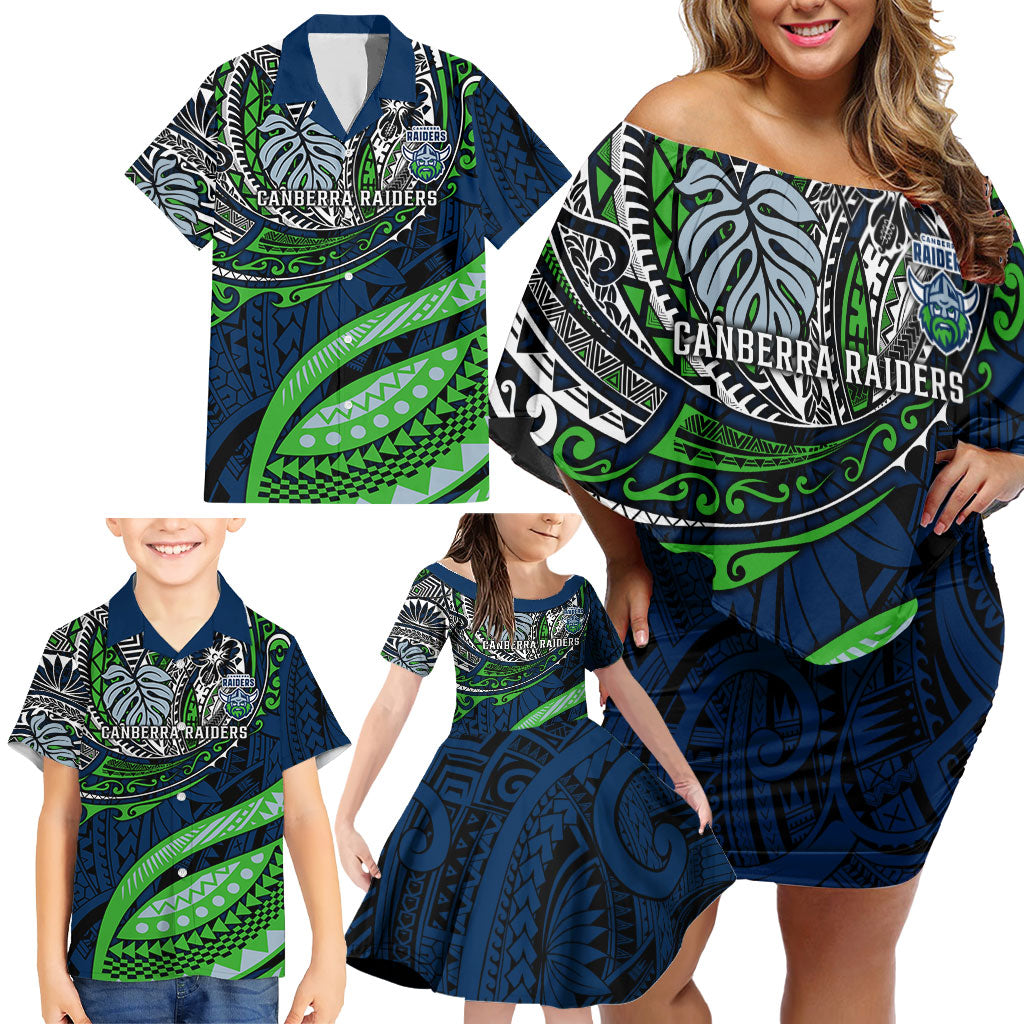Personalised Canberra Raiders Family Matching Off Shoulder Short Dress and Hawaiian Shirt Polynesian Tribal Art Style With Viking Raider Mascot