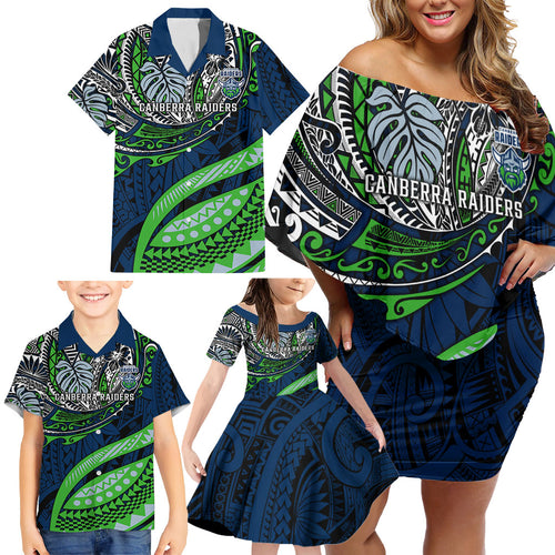 Personalised Canberra Raiders Family Matching Off Shoulder Short Dress and Hawaiian Shirt Polynesian Tribal Art Style With Viking Raider Mascot