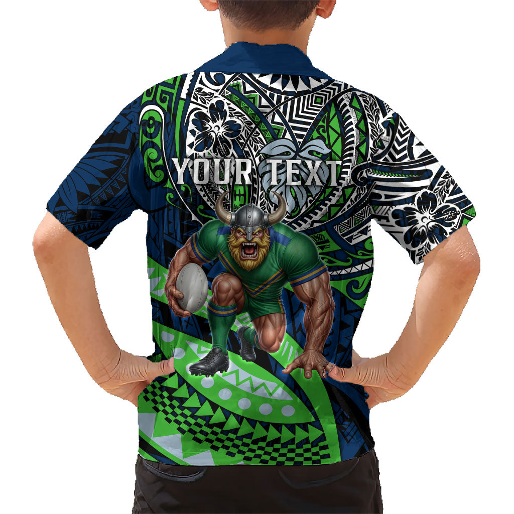 Personalised Canberra Raiders Family Matching Off Shoulder Short Dress and Hawaiian Shirt Polynesian Tribal Art Style With Viking Raider Mascot