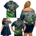 Personalised Canberra Raiders Family Matching Off Shoulder Short Dress and Hawaiian Shirt Polynesian Tribal Art Style With Viking Raider Mascot