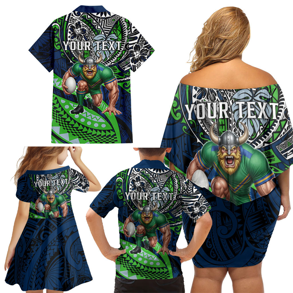 Personalised Canberra Raiders Family Matching Off Shoulder Short Dress and Hawaiian Shirt Polynesian Tribal Art Style With Viking Raider Mascot