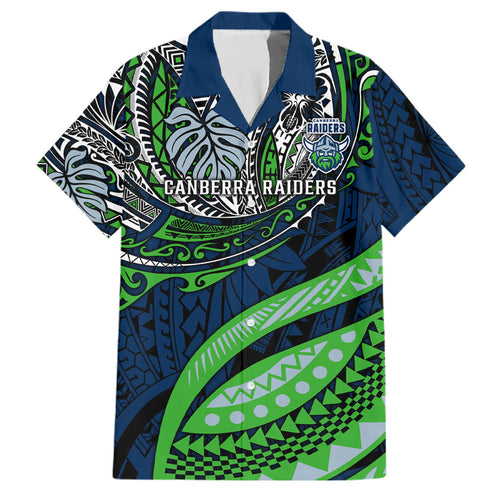 Personalised Canberra Raiders Family Matching Off Shoulder Short Dress and Hawaiian Shirt Polynesian Tribal Art Style With Viking Raider Mascot