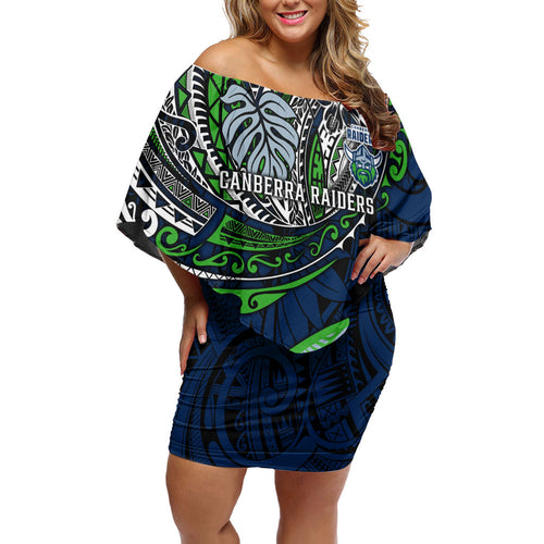 Personalised Canberra Raiders Family Matching Off Shoulder Short Dress and Hawaiian Shirt Polynesian Tribal Art Style With Viking Raider Mascot