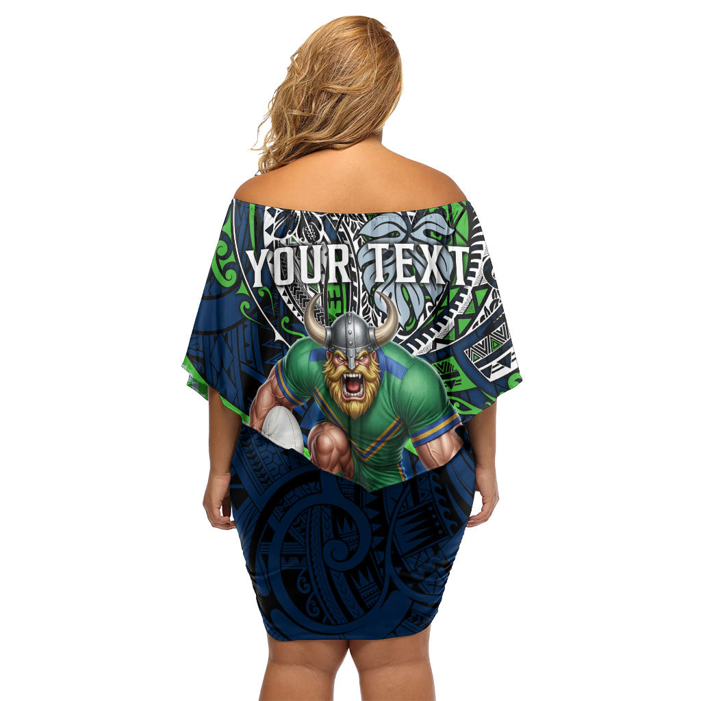 Personalised Canberra Raiders Family Matching Off Shoulder Short Dress and Hawaiian Shirt Polynesian Tribal Art Style With Viking Raider Mascot