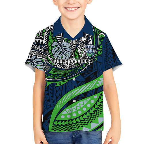 Personalised Canberra Raiders Family Matching Off Shoulder Short Dress and Hawaiian Shirt Polynesian Tribal Art Style With Viking Raider Mascot