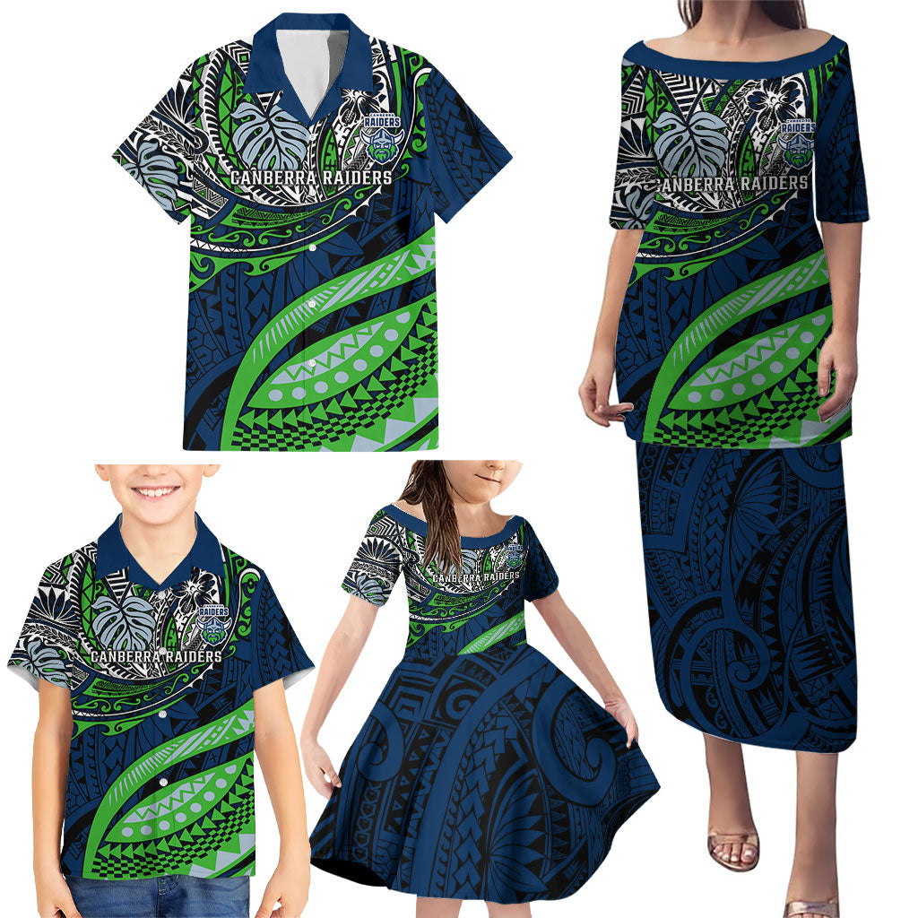 Personalised Canberra Raiders Family Matching Puletasi and Hawaiian Shirt Polynesian Tribal Art Style With Viking Raider Mascot
