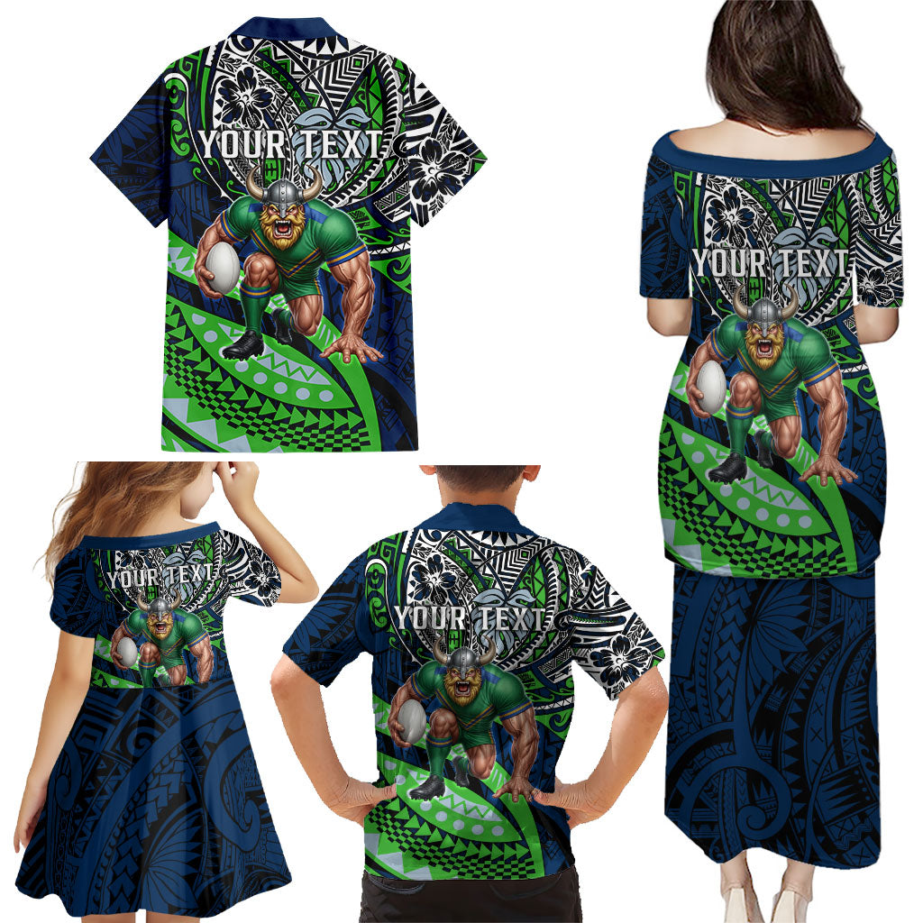 Personalised Canberra Raiders Family Matching Puletasi and Hawaiian Shirt Polynesian Tribal Art Style With Viking Raider Mascot