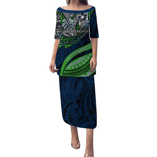 Personalised Canberra Raiders Family Matching Puletasi and Hawaiian Shirt Polynesian Tribal Art Style With Viking Raider Mascot