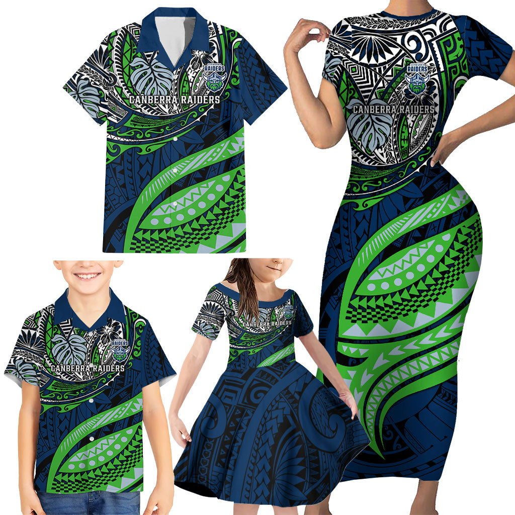 Personalised Canberra Raiders Family Matching Short Sleeve Bodycon Dress and Hawaiian Shirt Polynesian Tribal Art Style With Viking Raider Mascot