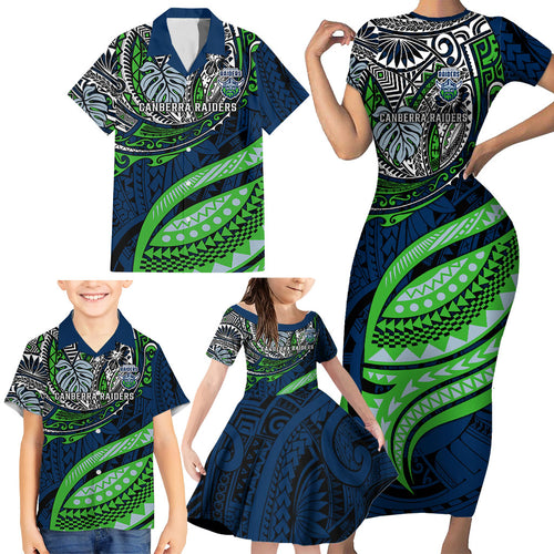 Personalised Canberra Raiders Family Matching Short Sleeve Bodycon Dress and Hawaiian Shirt Polynesian Tribal Art Style With Viking Raider Mascot