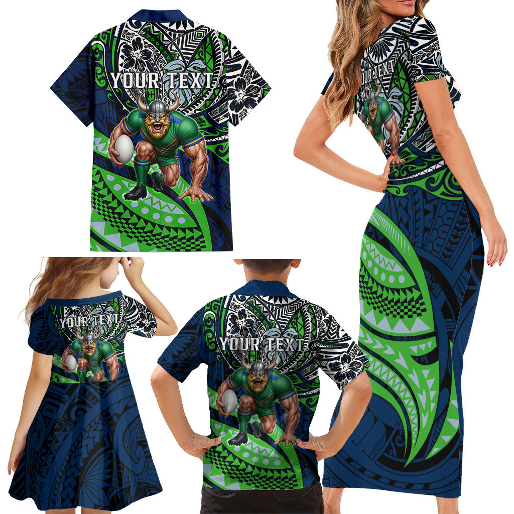 Personalised Canberra Raiders Family Matching Short Sleeve Bodycon Dress and Hawaiian Shirt Polynesian Tribal Art Style With Viking Raider Mascot