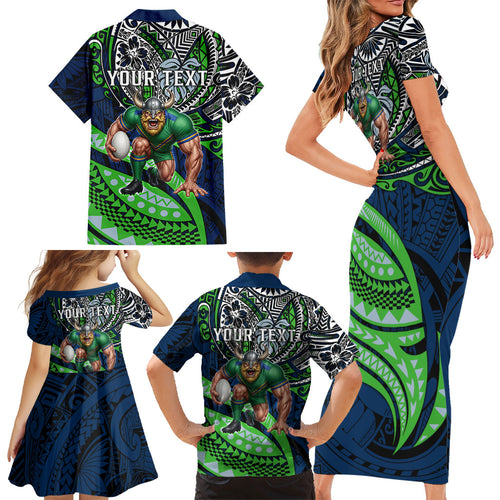 Personalised Canberra Raiders Family Matching Short Sleeve Bodycon Dress and Hawaiian Shirt Polynesian Tribal Art Style With Viking Raider Mascot
