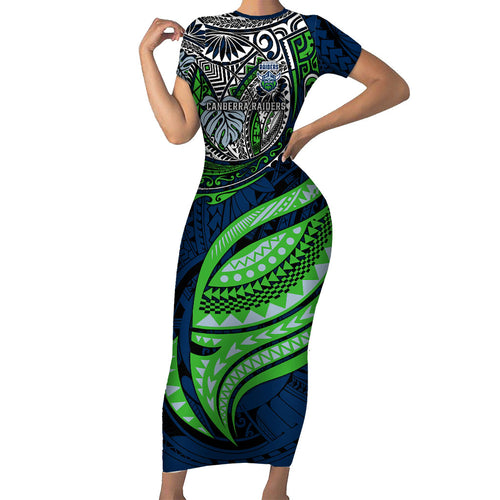 Personalised Canberra Raiders Family Matching Short Sleeve Bodycon Dress and Hawaiian Shirt Polynesian Tribal Art Style With Viking Raider Mascot