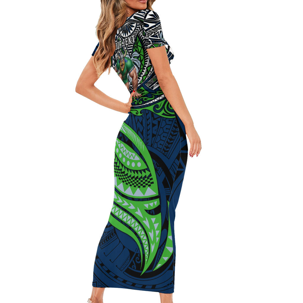 Personalised Canberra Raiders Family Matching Short Sleeve Bodycon Dress and Hawaiian Shirt Polynesian Tribal Art Style With Viking Raider Mascot
