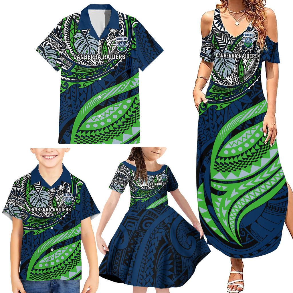 Personalised Canberra Raiders Family Matching Summer Maxi Dress and Hawaiian Shirt Polynesian Tribal Art Style With Viking Raider Mascot