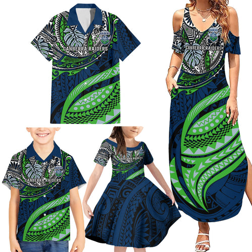 Personalised Canberra Raiders Family Matching Summer Maxi Dress and Hawaiian Shirt Polynesian Tribal Art Style With Viking Raider Mascot