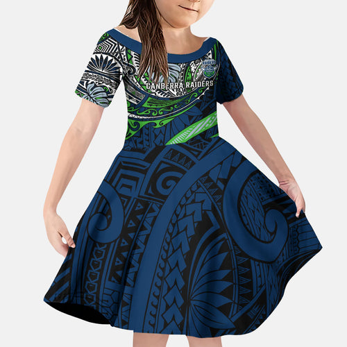Personalised Canberra Raiders Family Matching Summer Maxi Dress and Hawaiian Shirt Polynesian Tribal Art Style With Viking Raider Mascot