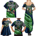 Personalised Canberra Raiders Family Matching Summer Maxi Dress and Hawaiian Shirt Polynesian Tribal Art Style With Viking Raider Mascot