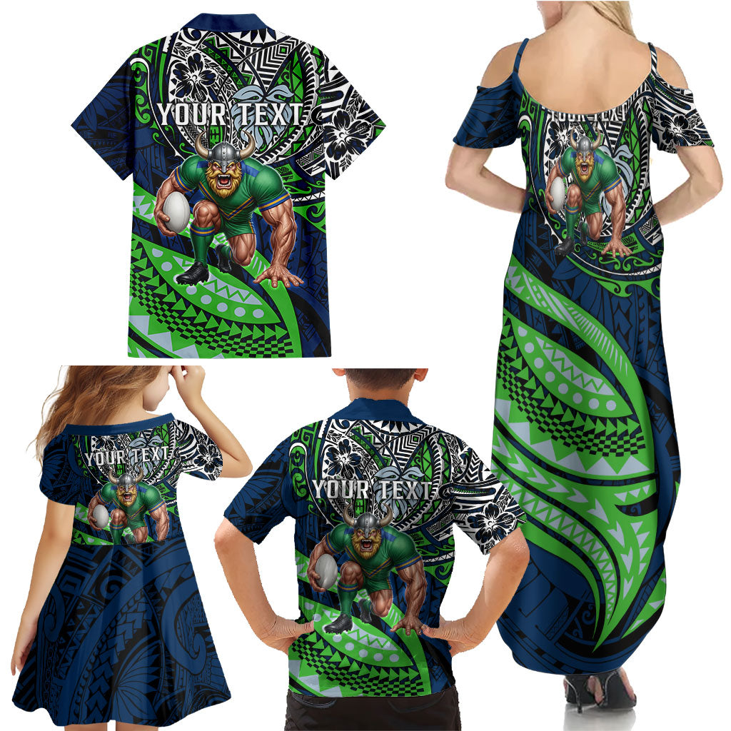 Personalised Canberra Raiders Family Matching Summer Maxi Dress and Hawaiian Shirt Polynesian Tribal Art Style With Viking Raider Mascot
