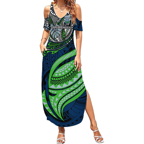 Personalised Canberra Raiders Family Matching Summer Maxi Dress and Hawaiian Shirt Polynesian Tribal Art Style With Viking Raider Mascot